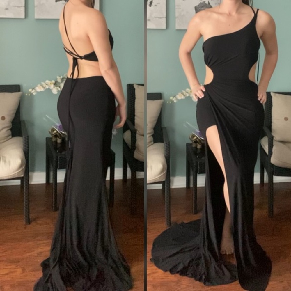 Black one shoulder strappy tight prom dress